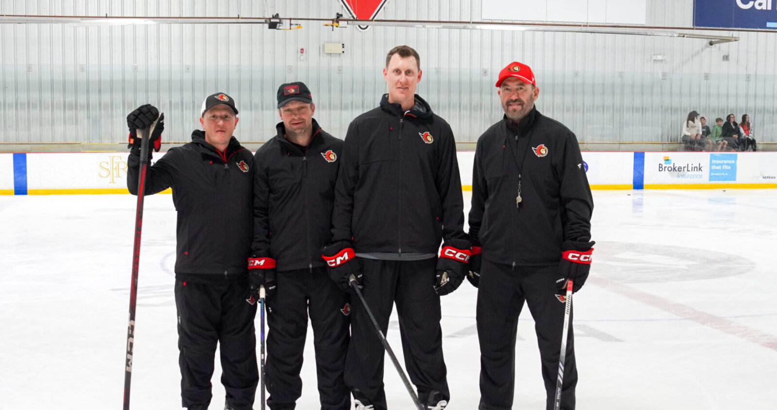 <p>(Second from left) Stefan Legein is part of the Belleville Senators coaching staff that includes goaltending coach Paul Gibson, head coach Andrew Campbell and assistant coach Joe Cirella. (Senators Photo)</p>
