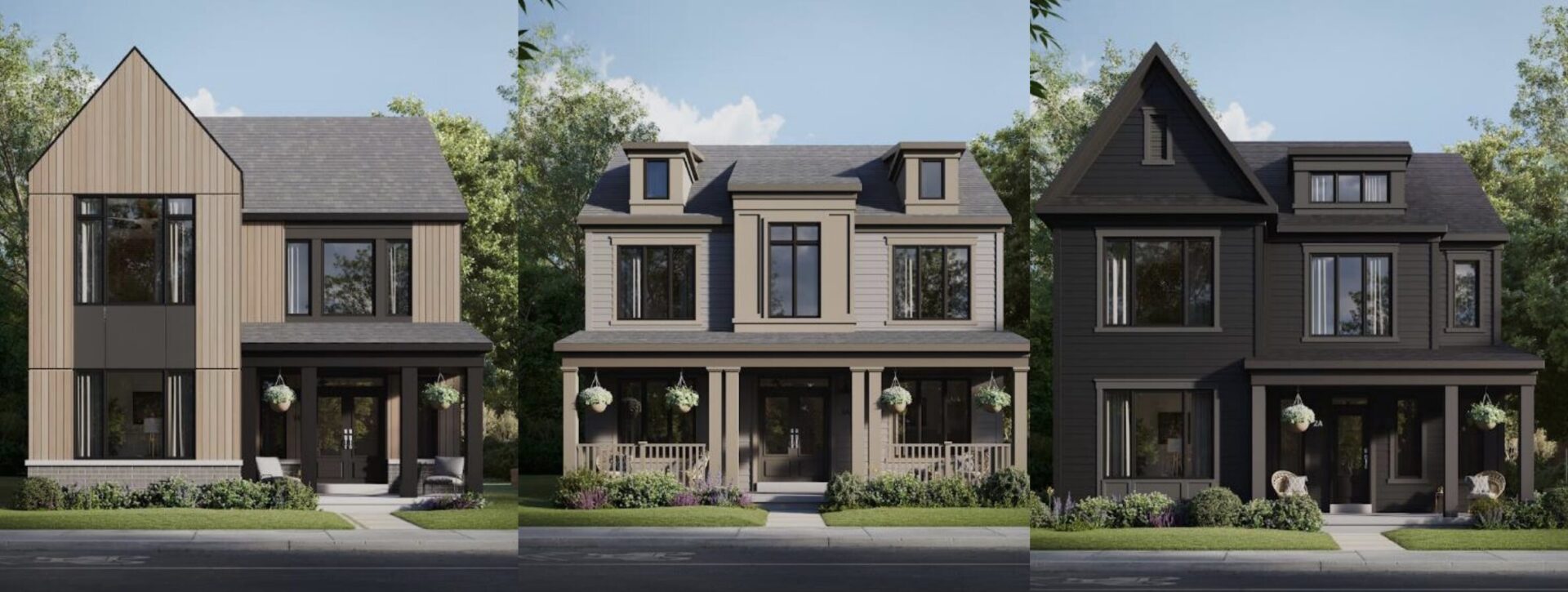 <p>One home three ways: renderings show the same model, a two-storey detached home, with dramatically different exterior elevations, ranging from Contemporary Scandinavian to County Farmhouse.  </p>
