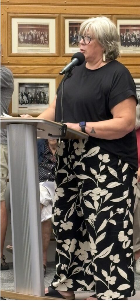<p>Stephanie Roth, chair of Prince Edward<br />
Pickleball, speaks to Council about the<br />
proposed courts at Delhi Park.<br />
(Brittiny Blodgett/Gazette Staff) </p>
