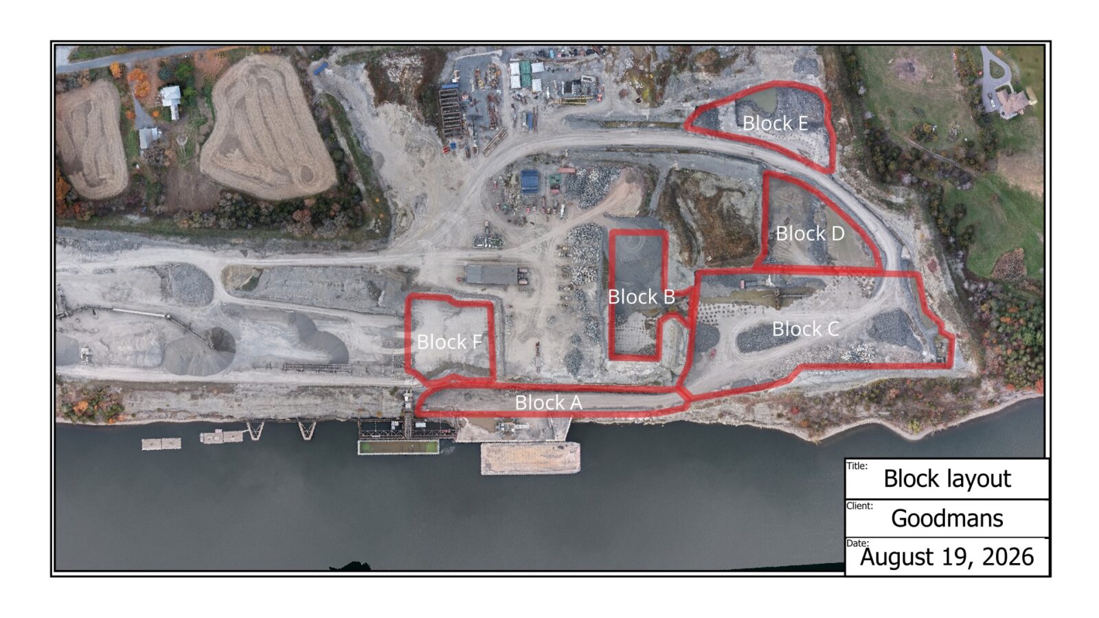 <p>This photo, included in the court application, identifies six pits at Picton Terminals and the reasons supplied for quarrying them. Block A, the escarpment face opposite the dock, was excavated to build a road. Block B was excavated for a covered salt storage facility. Block C, the largest excavation, is a dock-level operations zone. Block D was purportedly excavated for stormwater management. Block E appears to be a settling pond. Block F was blasted in late 2024 for the installation of a grain terminal. In each case, say the applicants, quarrying went far beyond the stated purpose. </p>
