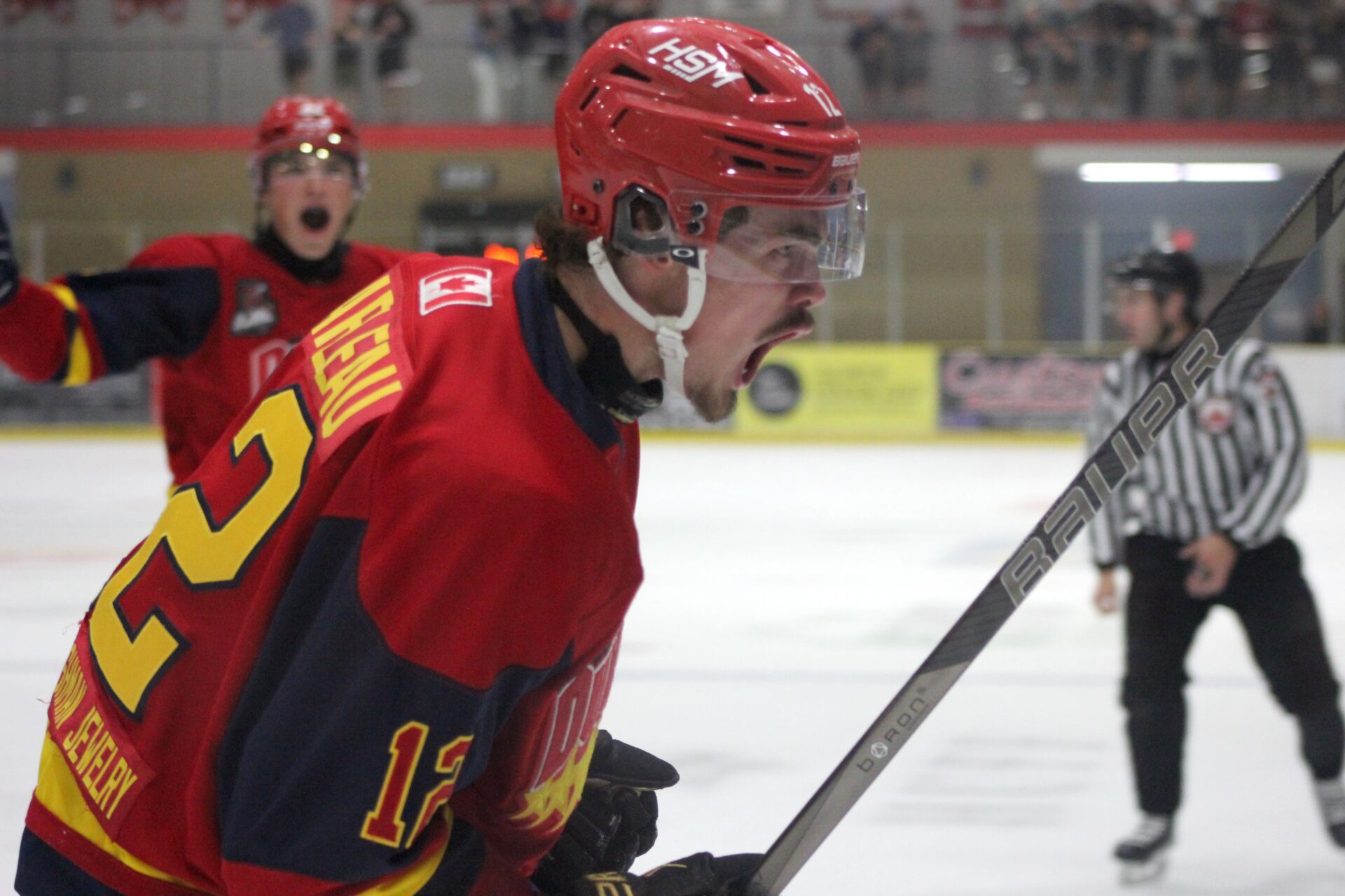 <p>Landon Marleau celebrates after giving the Wellington Dukes a 2-0 lead over the Lindsay Muskies. The Dukes treated their fans to a 6-1 victory over the Muskies to open their 2026-27 Ontario Junior Hockey League season. Photos by Josh Thomas/Gazette Staff. </p>
