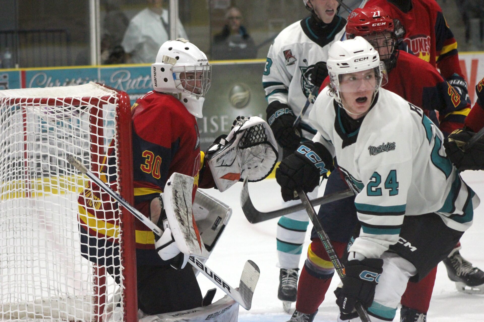 <p>Dryden Riley tracks the puck during the Wellington Dukes 6-1 victory over the Lindsay Muskies on Friday, Sept. 4. Photo by Josh Thomas/Gazette Staff. </p>
