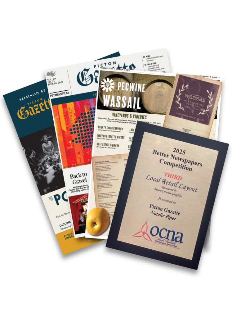 <p>Natalie Piper’s creative-contributions to The Picton Gazette, including an award winning Wassail Festival layout. (Collage designed by Krystle Chua)</p>
