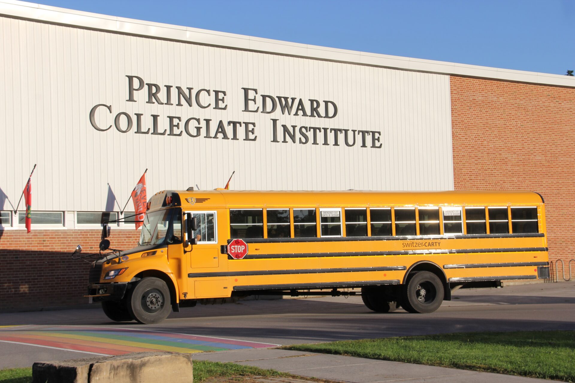 <p>A school bus drops off kids outside Prince Edward Collegiate Institute (Josh Thomas/Gazette Staff) </p>
