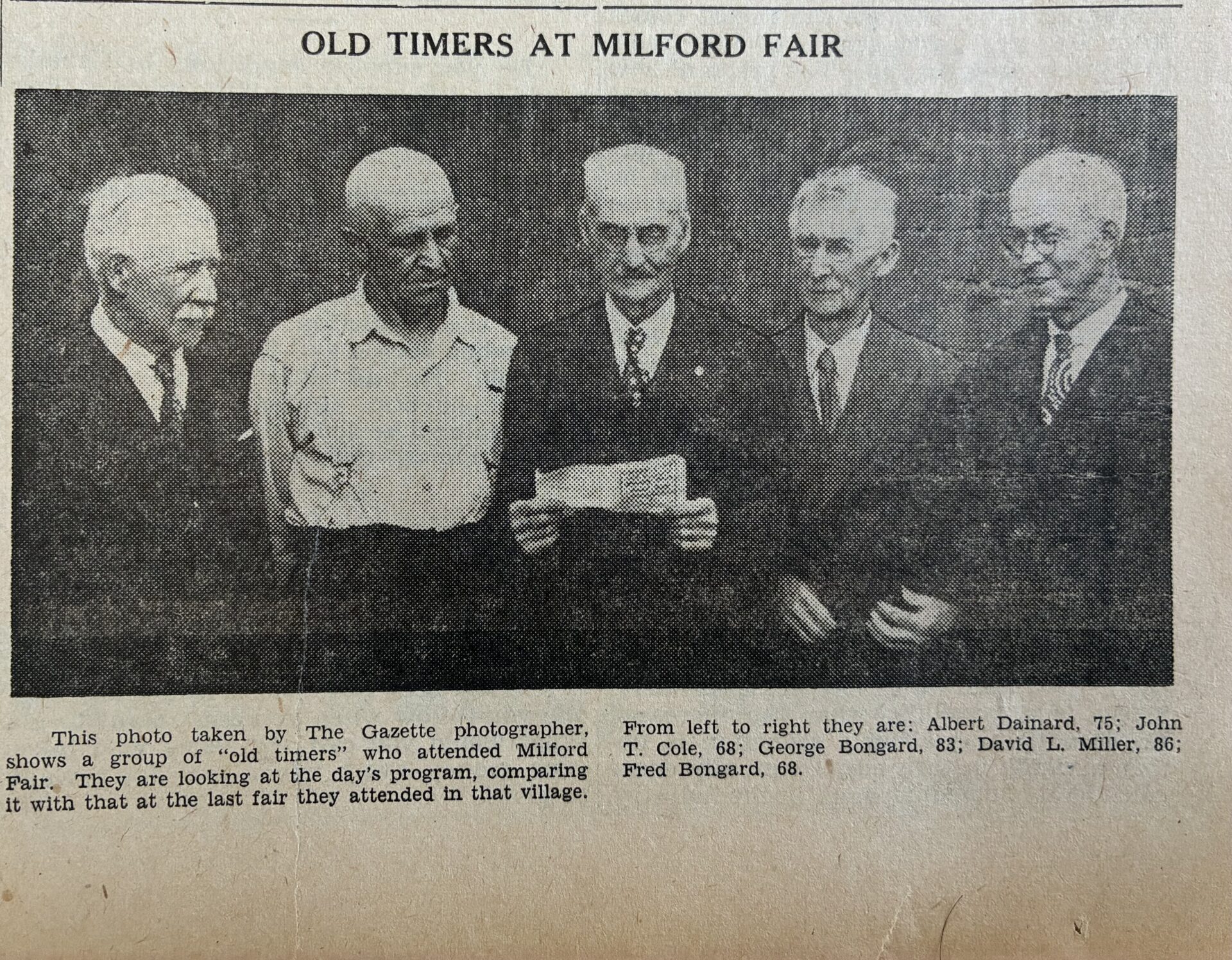 <p>OLD TIMERS AT MILFORD FAIR — Five men who attended the original Milford Fair look over the day’s program at the revived fair in 1946. (GAZETTE ARCHIVE PHOTO)</p>
