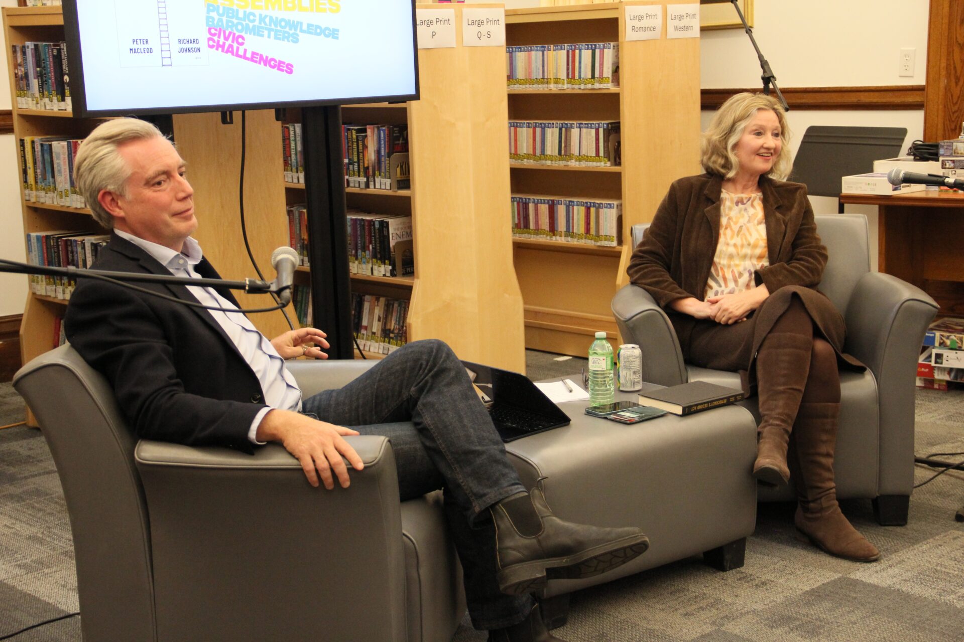 <p>Peter MacLeod sat down with Gazette publisher Karen Valihora at the Picton Branch Library on Sept. 10. The conversation was part of an ongoing series of readings and book conversations hosted by the library. (Josh Thomas/Gazette Staff) </p>
