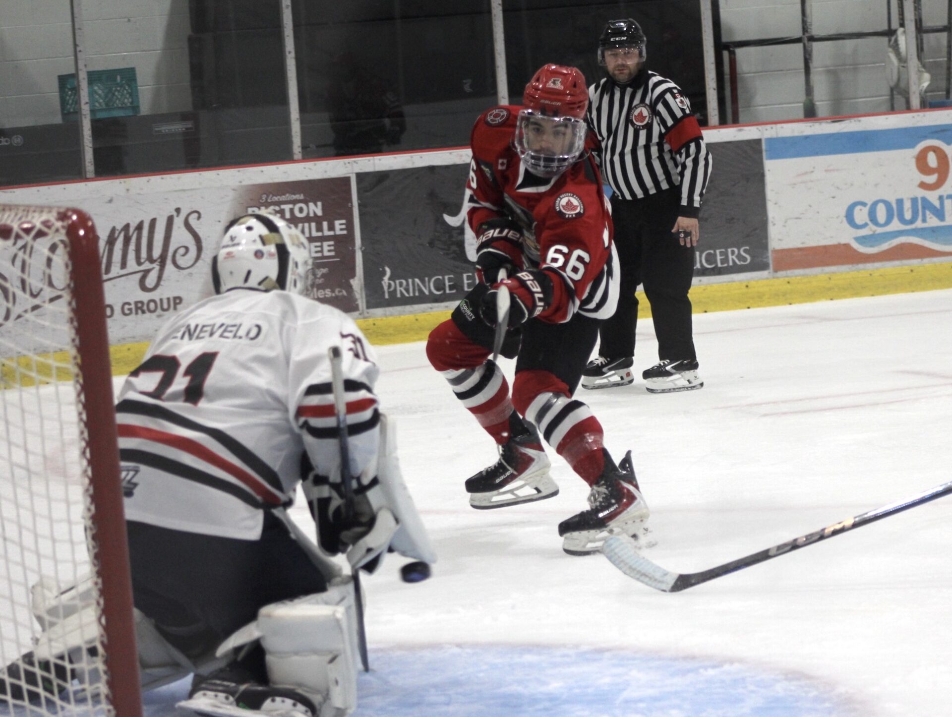 <p>Isaih More fires home the tying goal for the Picton Pirates in the second period. Photo by Josh Thomas/Gazette Staff</p>
