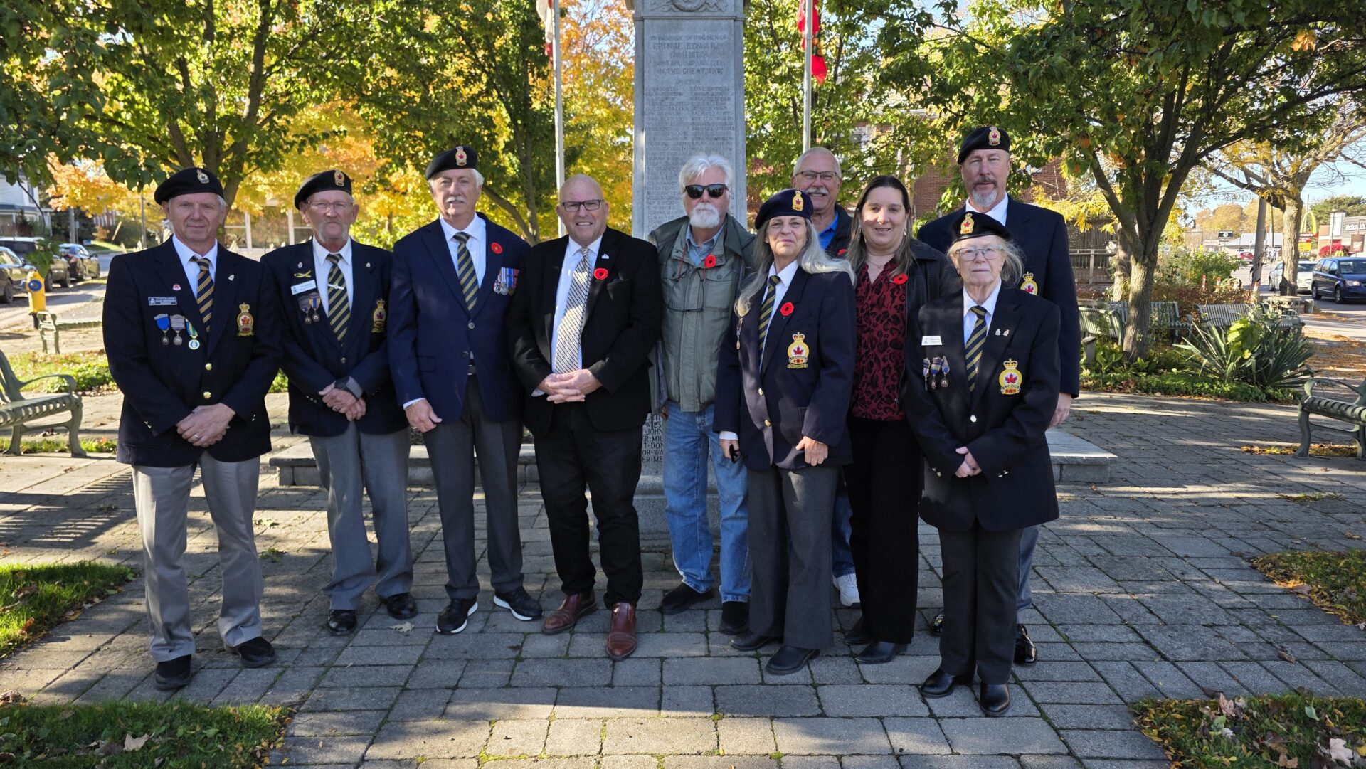 <p>Consecon Legion President David Shepherd, Picton Legion Poppy Chair Tom McCaw, Joel Ledain, Wellington Legion, Mayor Steve Ferguson, Coun. Bill Roberts   Coun. Janice Maynard Consecon Legion, Coun. Phil St. Jean, Jennifer Litke, Base 31 Child and Youth Program Manager, Diane Kennedy, Picton Legion and Picton Legion President Phil Dawson mark the start of the annual Poppy campaign in front of the Cenotaph in Picton. (Submitted Photo)</p>
